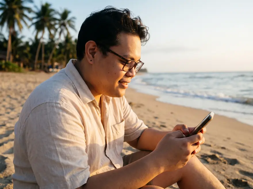 A founder on the beach smiles at a phone as a visit update arrives.