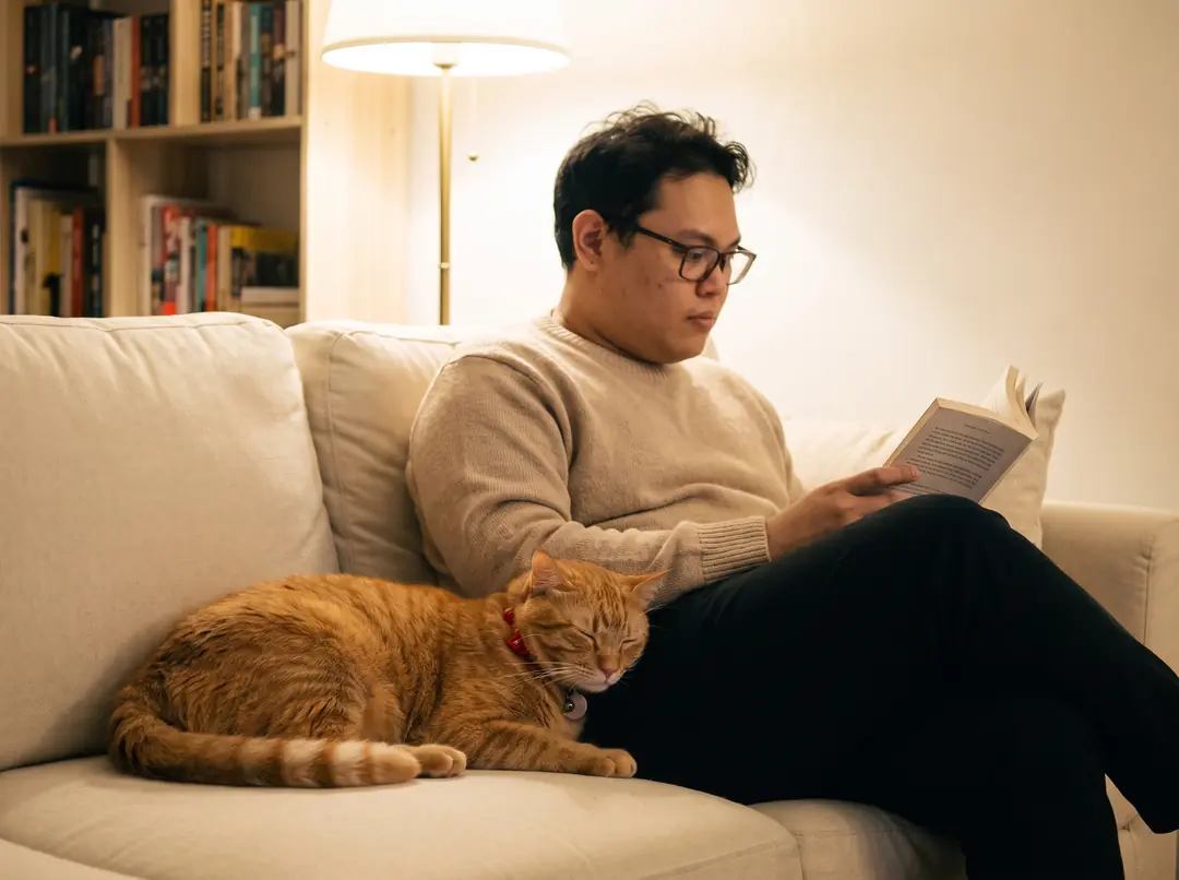 A Groomeow founder reads on the sofa in the evening while Luka sleeps against their leg.