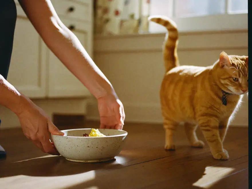 Hands place a ceramic food bowl on the floor while an orange tabby waits.