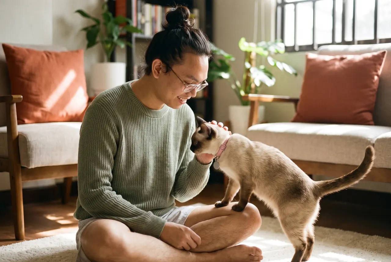 One of Groomeow's founders sits on the living-room floor as Lina steps onto their knee.