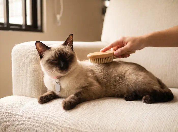 Lina lying relaxed on a sofa while being gently brushed.