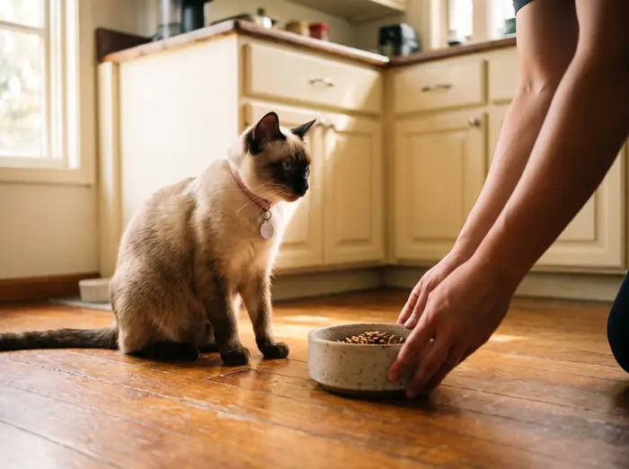 Lina waits on the kitchen floor as hands set down a ceramic food bowl.