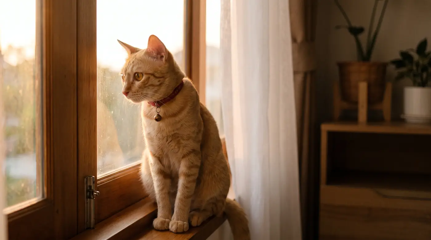 Noona sits on a windowsill looking out at golden evening light.
