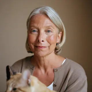 Ruth, a caregiver with silver hair, at home with a calico cat nearby.