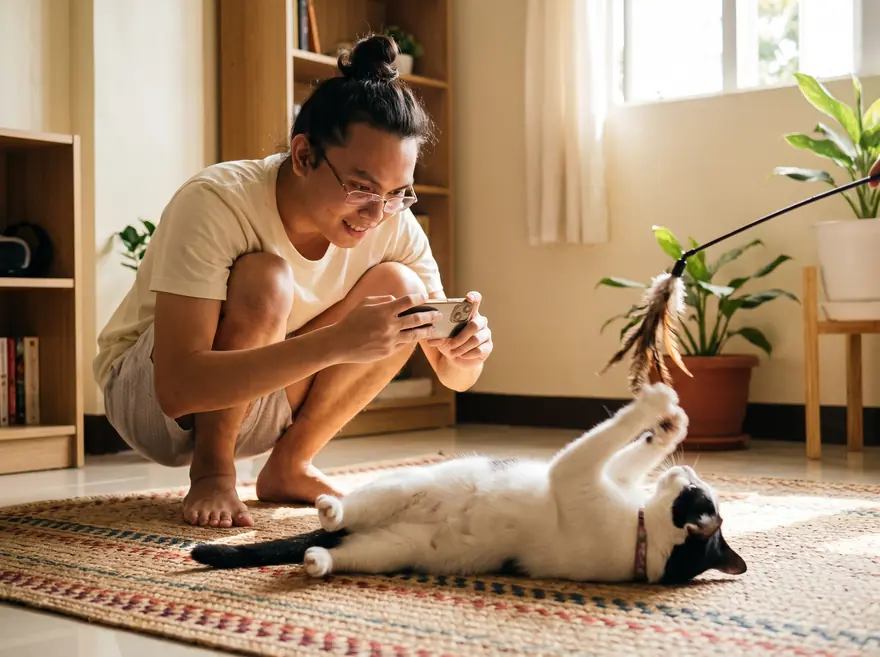 A Groomeow founder crouches to photograph Miko mid-play.